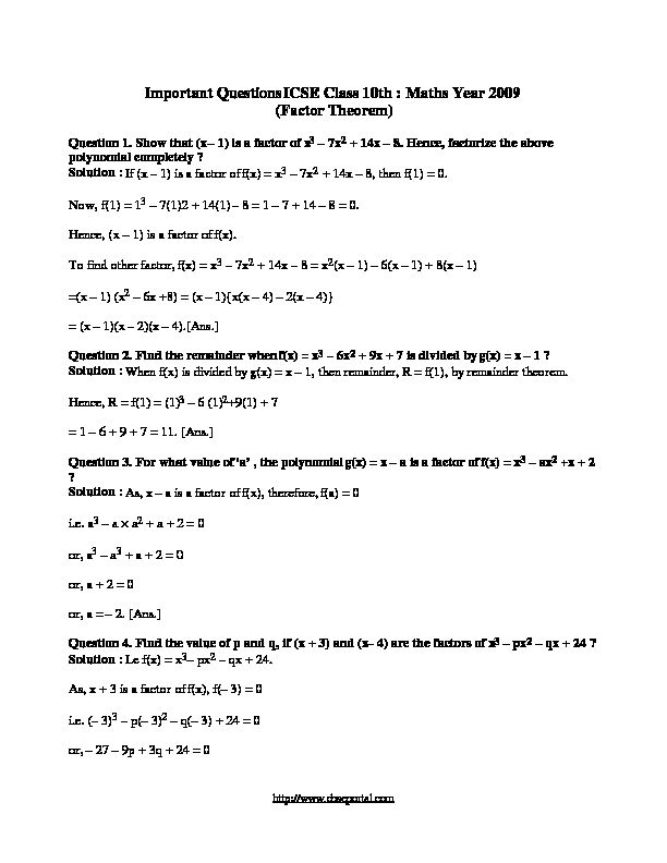 [PDF] Important-Questions-ICSE-Class-10th-Maths-Factor-Theorem-Year
