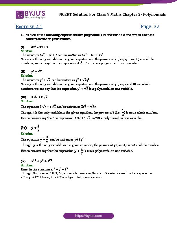 [PDF] NCERT Solutions for cbse class 9 Maths Chapter 2- Polynomials