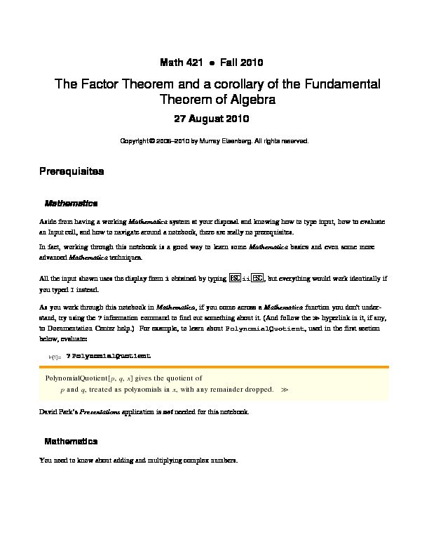 [PDF] The Factor Theorem and a corollary of the  - UMass Blogs