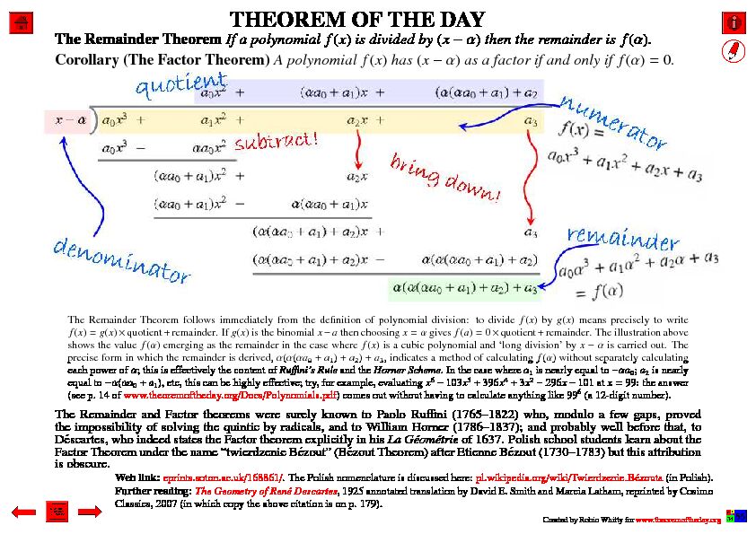 [PDF] The Remainder Theorem If a polynomial f(x) is divided by (x ba) then