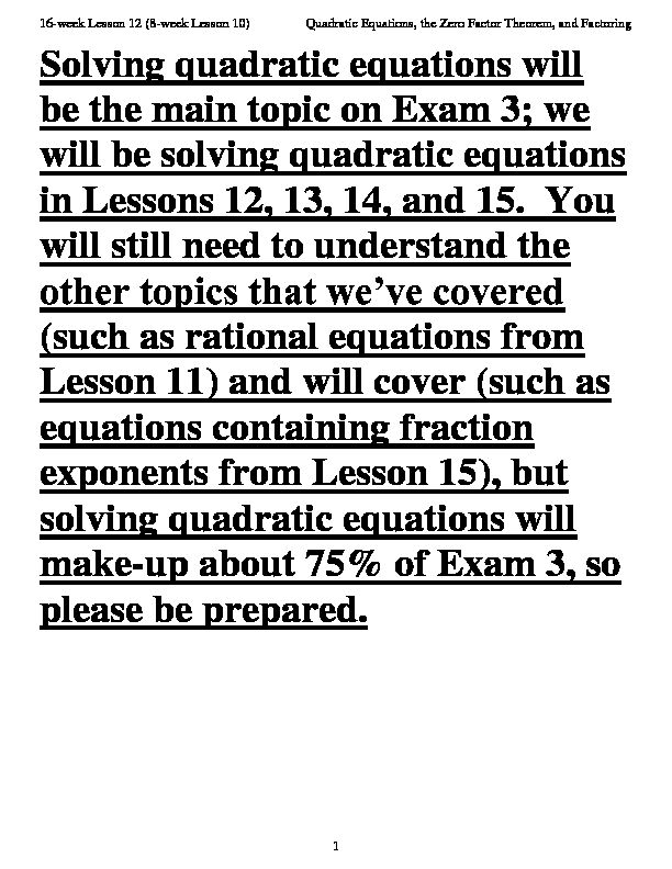 [PDF] Quadratic Equations, the Zero Factor Theorem, and Factoring