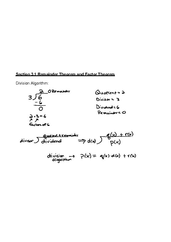[PDF] Section 31 Remainder Theorem and Factor Theorem Division