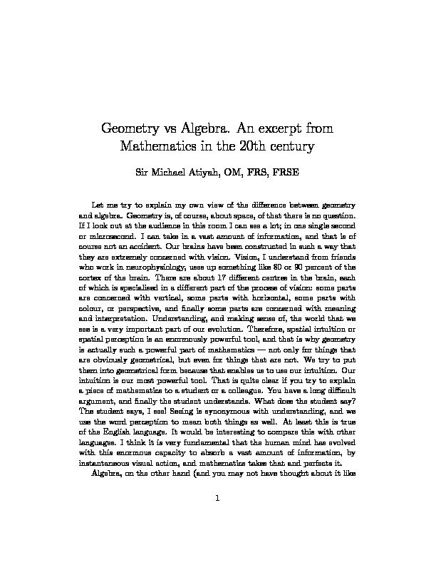 [PDF] Geometry vs Algebra An excerpt from Mathematics in the 20th century
