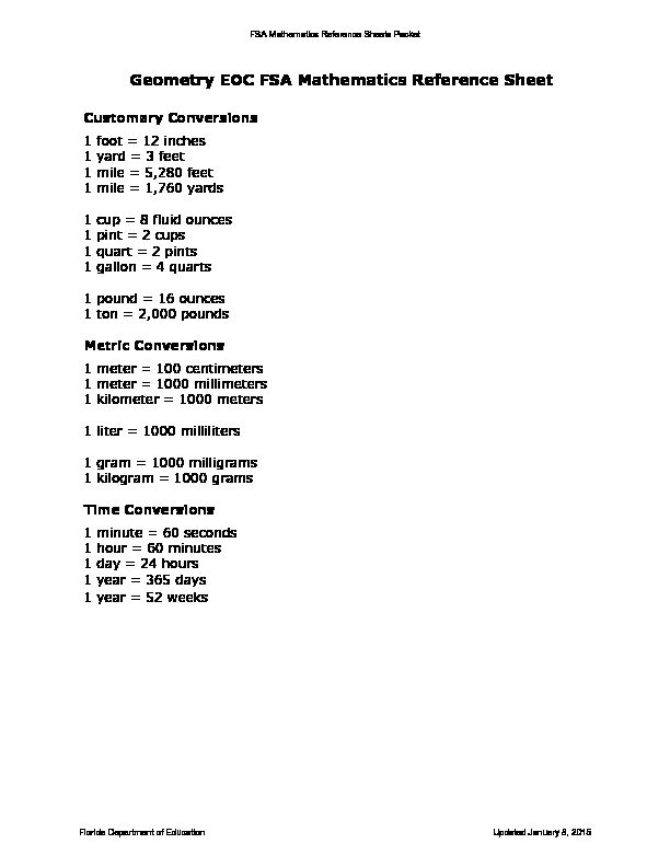 Geometry EOC FSA Mathematics Reference Sheet