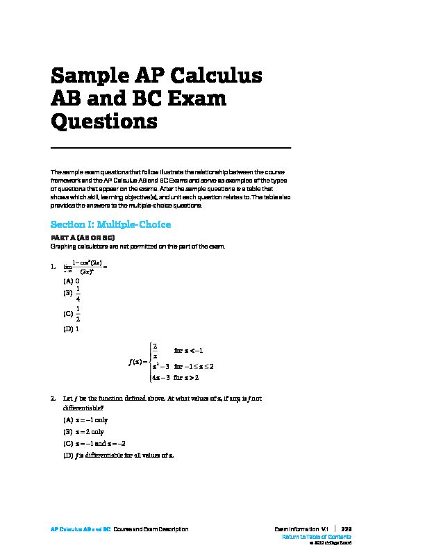 [PDF] Sample AP Calculus AB and BC Exam Questions