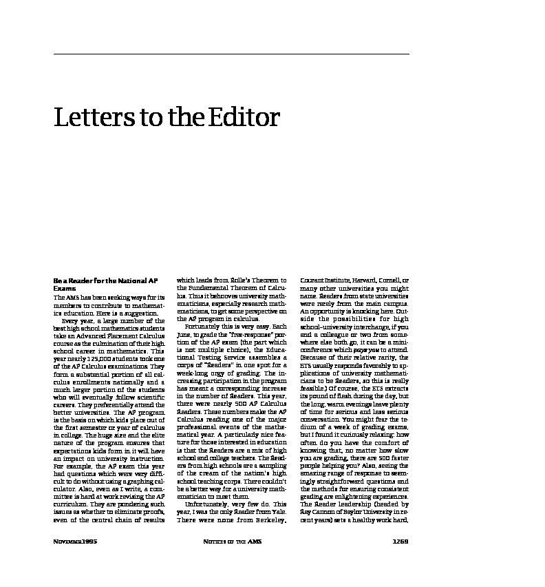Letters to the Editor - American Mathematical Society