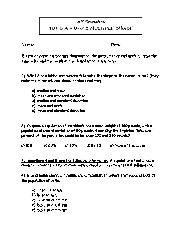 [PDF] AP Statistics TOPIC A - Unit 2 MULTIPLE CHOICE
