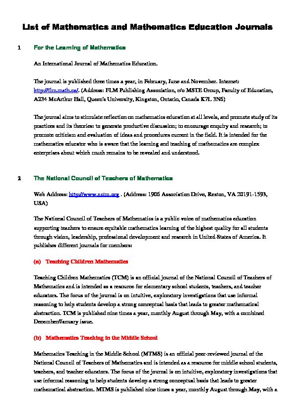[PDF] List of Mathematics and Mathematics Education Journals