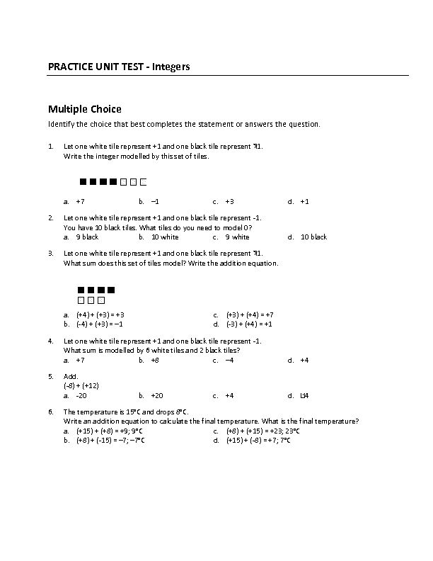 [PDF] PRACTICE UNIT TEST - Integers Multiple Choice