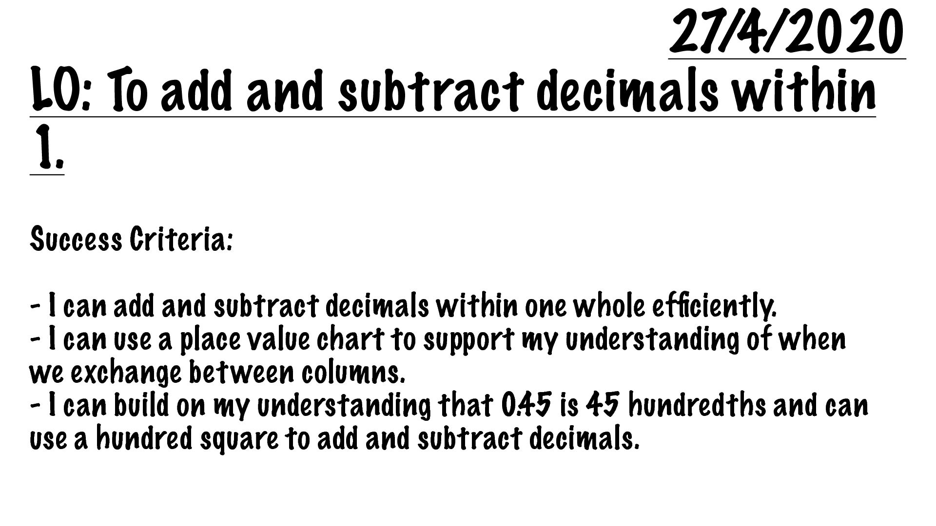 [PDF] To add and subtract decimals within 1 - Blessed Dominic