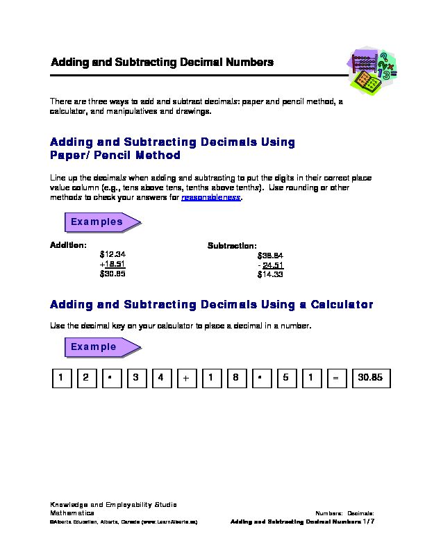 [PDF] Adding and Subtracting Decimal Numbers - LearnAlbertaca