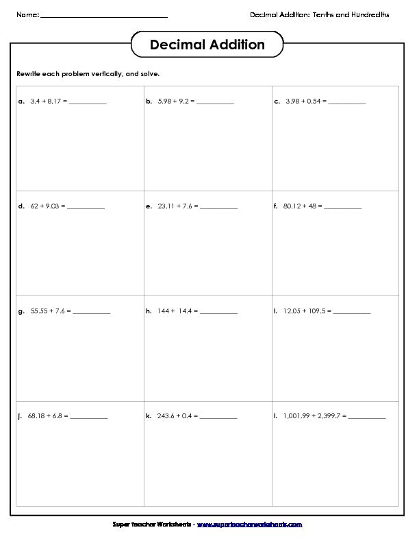 [PDF] Decimal Addition - Super Teacher Worksheets