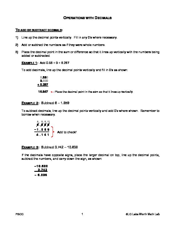 [PDF] ADDING AND SUBTRACTING DECIMALS - Palm Beach State College