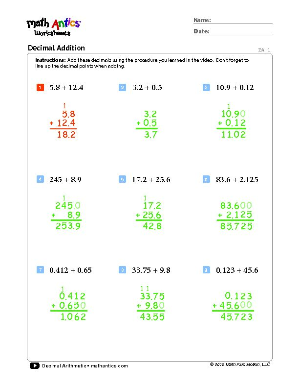 [PDF] Decimal Addition - Math Antics