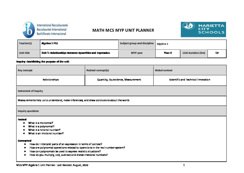 [PDF] MATH MCS MYP UNIT PLANNER - Marietta City Schools