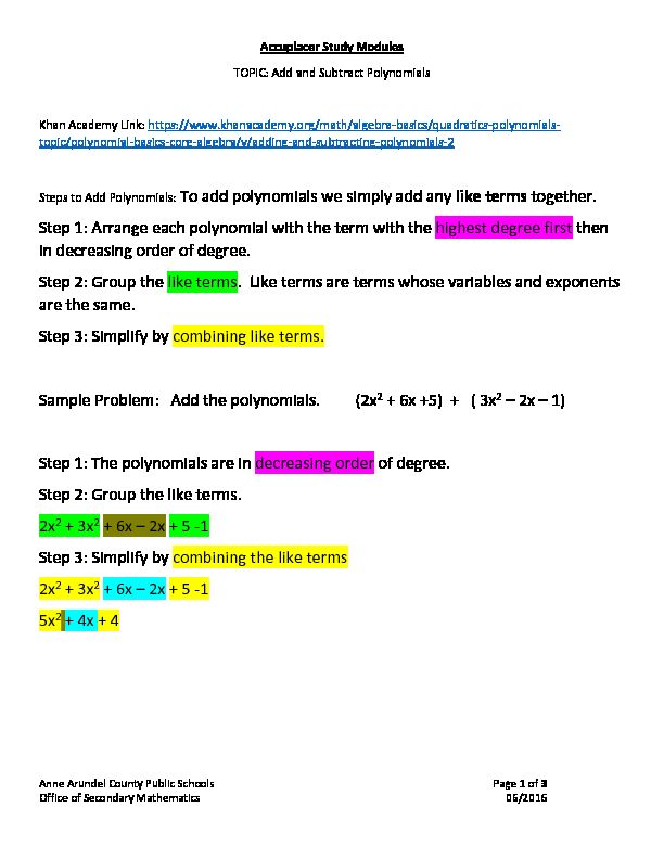 [PDF] Steps to Add Polynomials - Anne Arundel County Public Schools