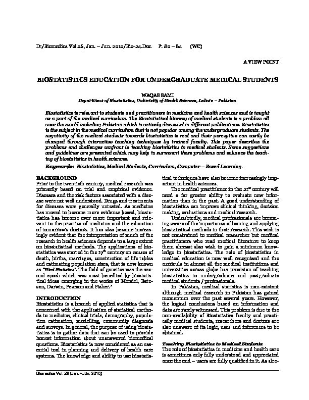[PDF] BIOSTATISTICS EDUCATION FOR  - Biomedica