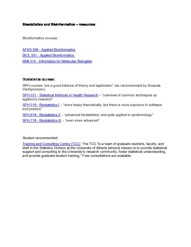 [PDF] Biostatistics and Bioinformatics - resources - University of Alberta
