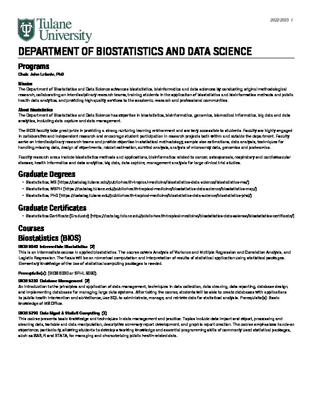[PDF] Department of Biostatistics and Data Science - Tulane Catalog