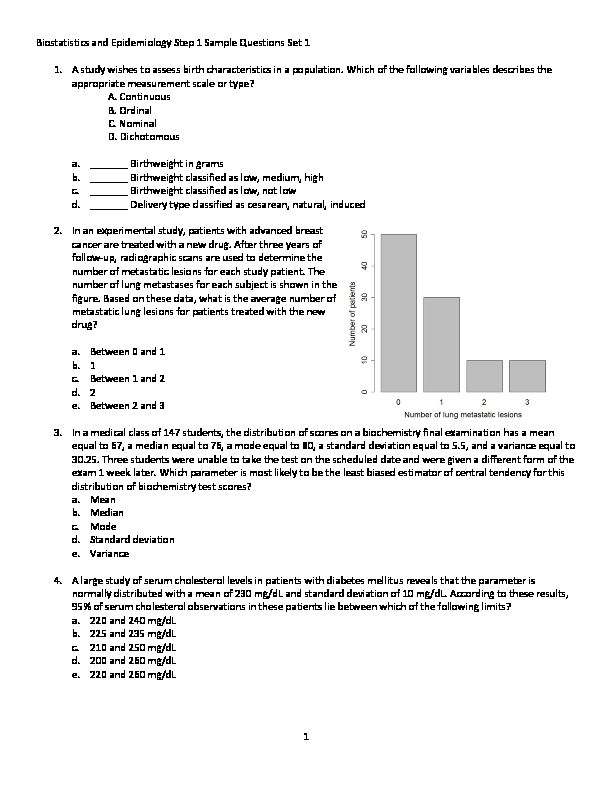 [PDF] Biostatistics and Epidemiology Step 1 Sample Questions Set 1