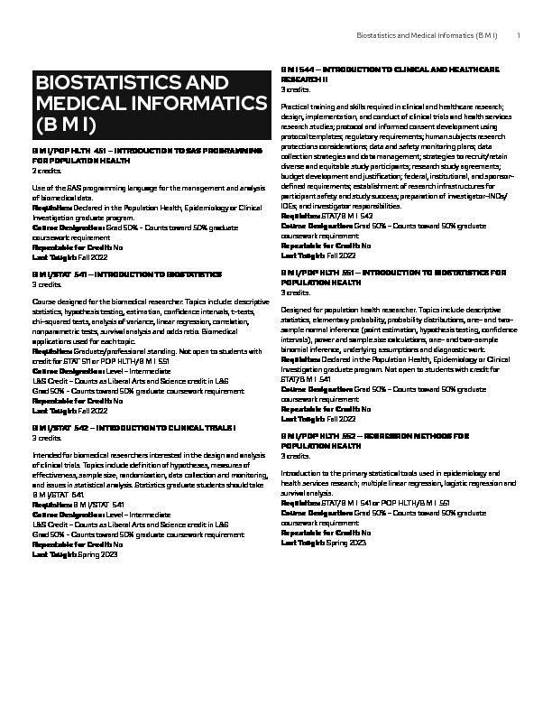 [PDF] Biostatistics and Medical Informatics (B M I) - Guide