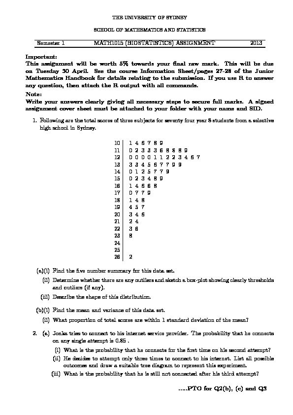 [PDF] Semester 1 MATH1015 (BIOSTATISTICS) ASSIGNMENT 2013