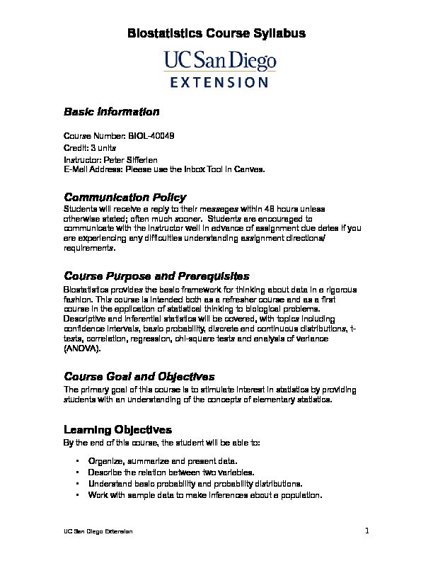 [PDF] Biostatistics Course Syllabus - UC San Diego Extension