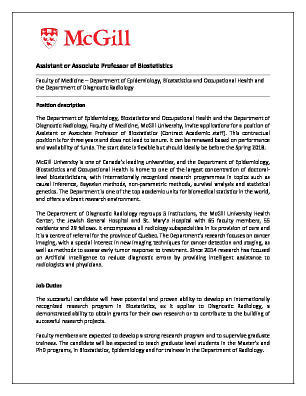 [PDF] Assistant or Associate Professor of Biostatistics - McGill University