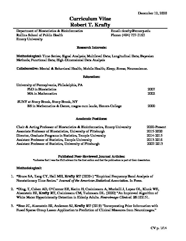 [PDF] Curriculum Vitae Robert T Krafty - Emory University