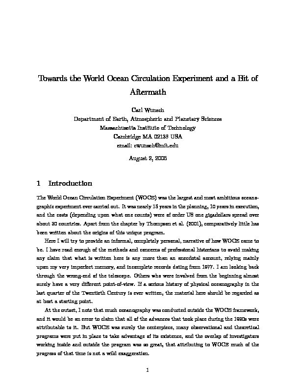 [PDF] Towards the World Ocean Circulation Experiment and a Bit of