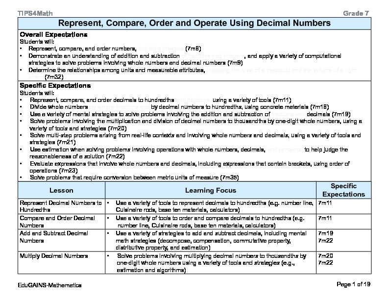 [PDF] Grade 7 Represent and Operate Using Decimal Numbers - EduGAINS