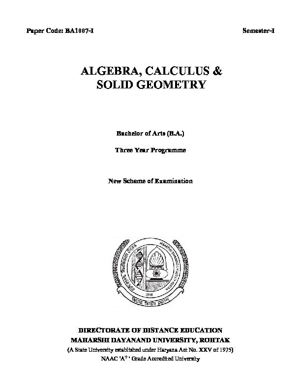 [PDF] ALGEBRA, CALCULUS & SOLID GEOMETRY - MDU
