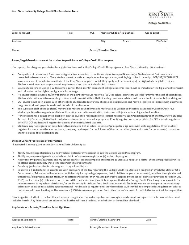 [PDF] Kent State University College Credit Plus Permission Form