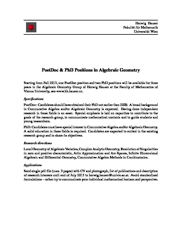 [PDF] PostDoc & PhD Positions in Algebraic Geometry - Universität Wien