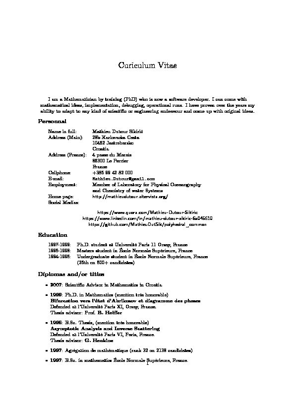 [PDF] Curiculum Vitae - Mathieu Dutour Sikiric