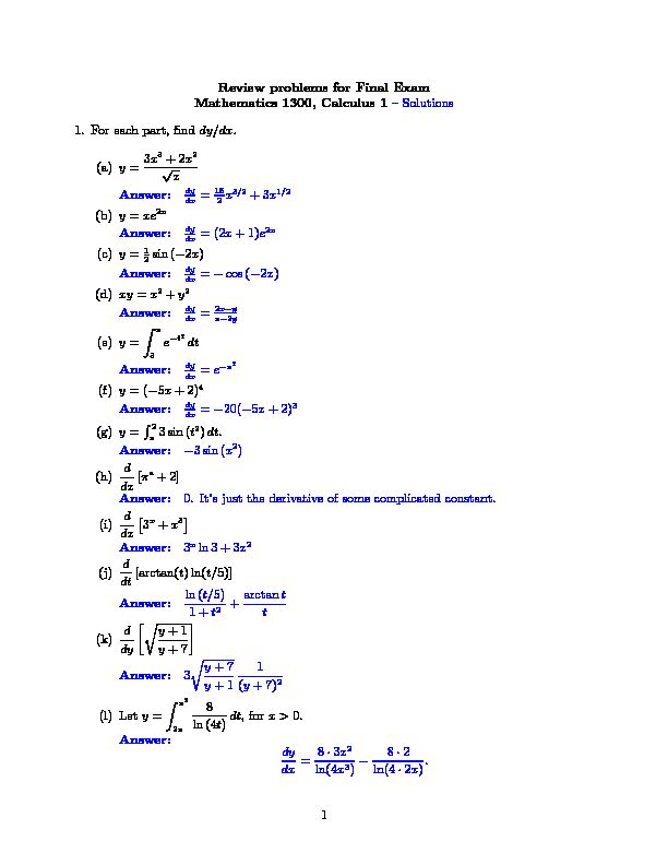 Review problems for Final Exam Mathematics 1300 Calculus 1