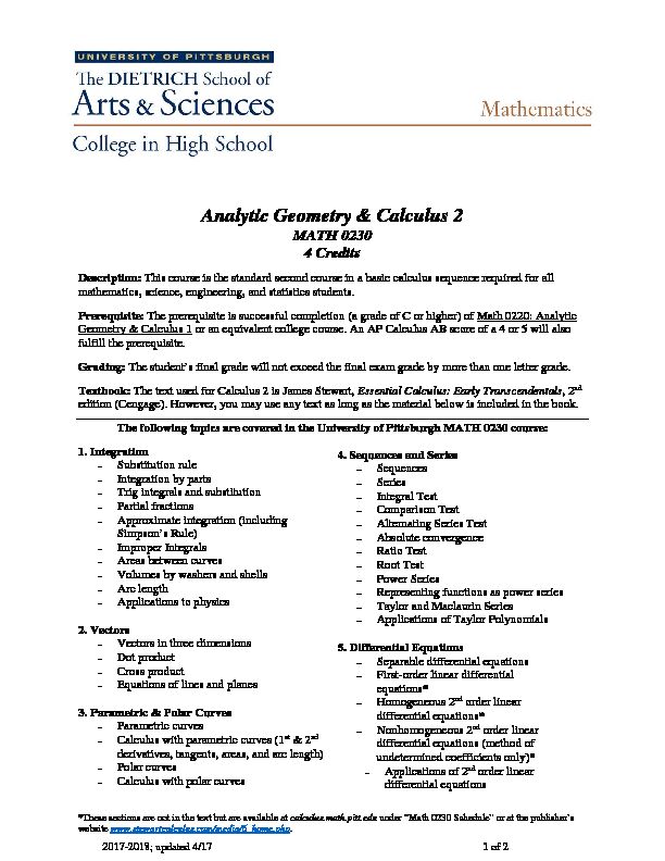 [PDF] Analytic Geometry & Calculus 2 - University of Pittsburgh