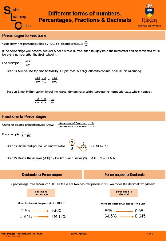 [PDF] Different forms of numbers: Percentages, Fractions & Decimals