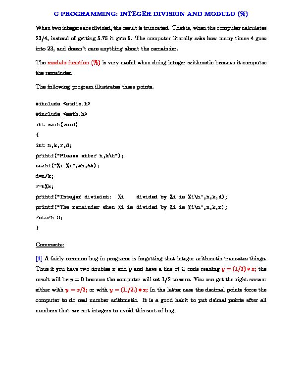 [PDF] c programming: integer division and modulo (%) - UC Davis