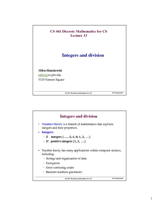 [PDF] Integers and division