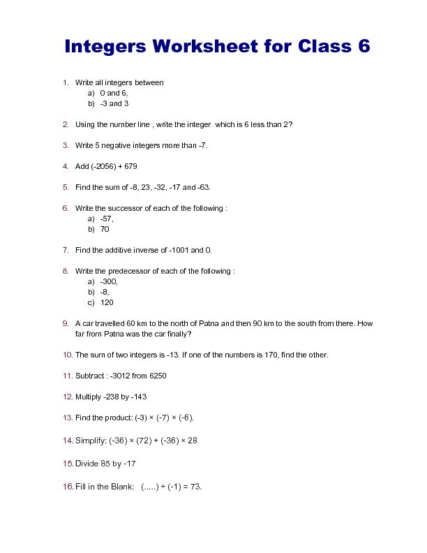 [PDF] Integers Worksheet for Class 6  Byjus