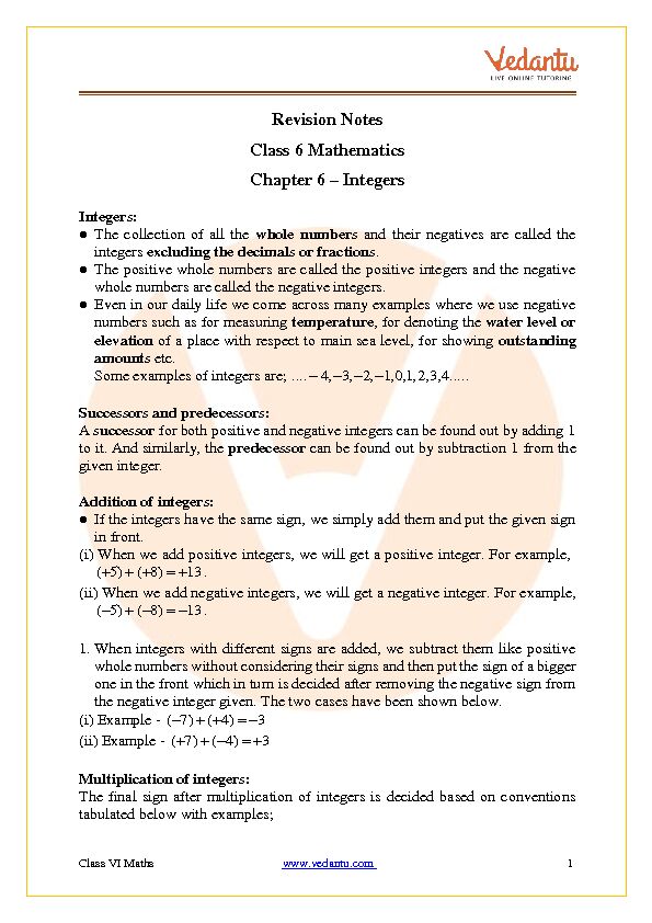 Revision Notes Class 6 Mathematics Chapter 6 – Integers