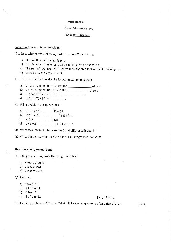 [PDF] Mathematics - Class-VI- worksheet - Chapter Integers