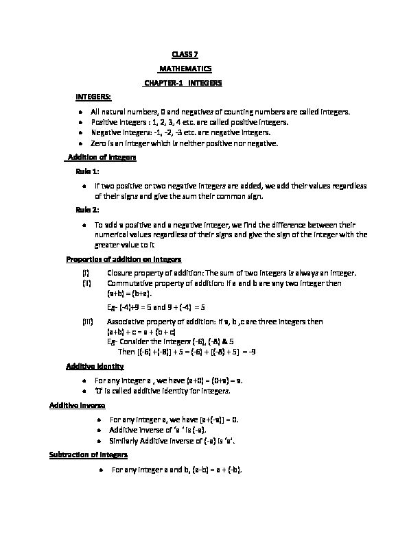[PDF] CLASS 7 MATHEMATICS CHAPTER-1 INTEGERS INTEGERS