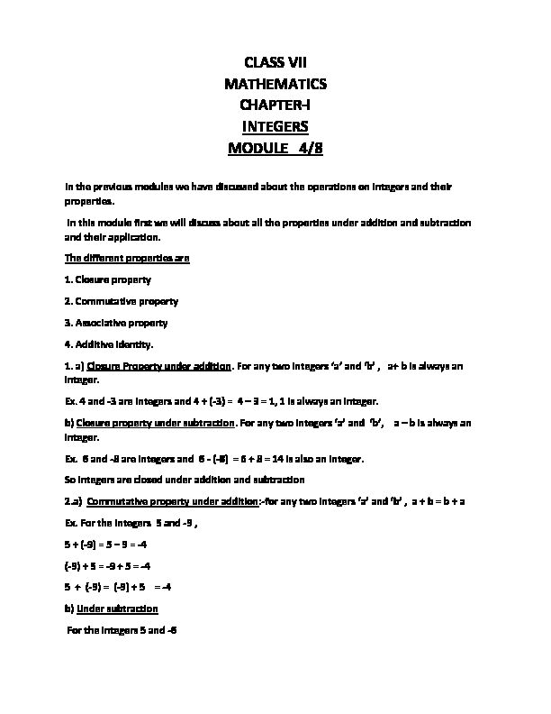 [PDF] CLASS VII MATHEMATICS CHAPTER-I INTEGERS MODULE 4/8