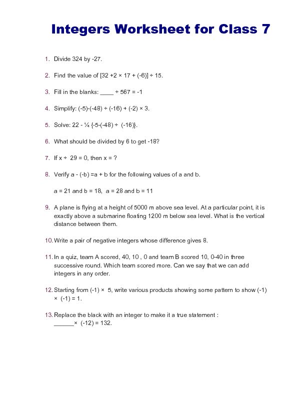 [PDF] Integers Worksheet for Class 7  BYJUS