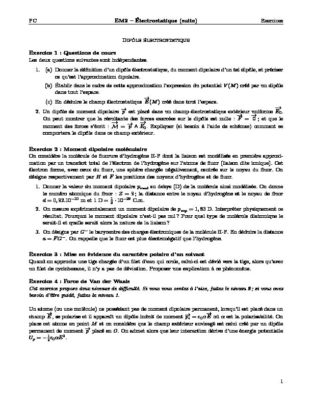 [PDF] PC EM2 – Électrostatique (suite) Exercices Dipôle électrostatique