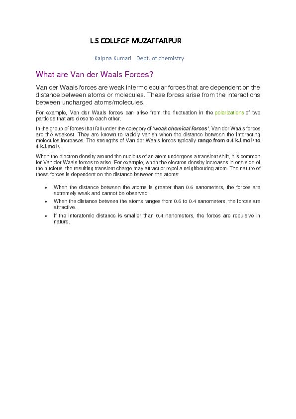 LS COLLEGE MUZAFFARPUR What are Van der Waals Forces?