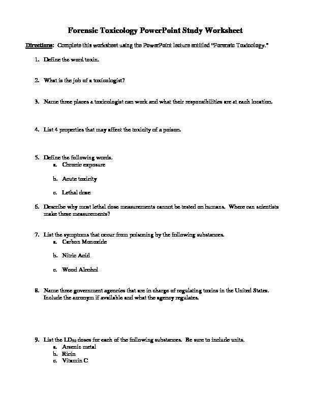 Forensic Toxicology PowerPoint Study Worksheet - Dr Hall's