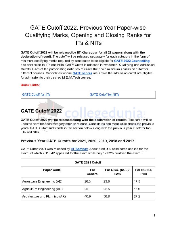 [PDF] GATE Cutoff 2022: Previous Year Paper-wise Qualifying Marks